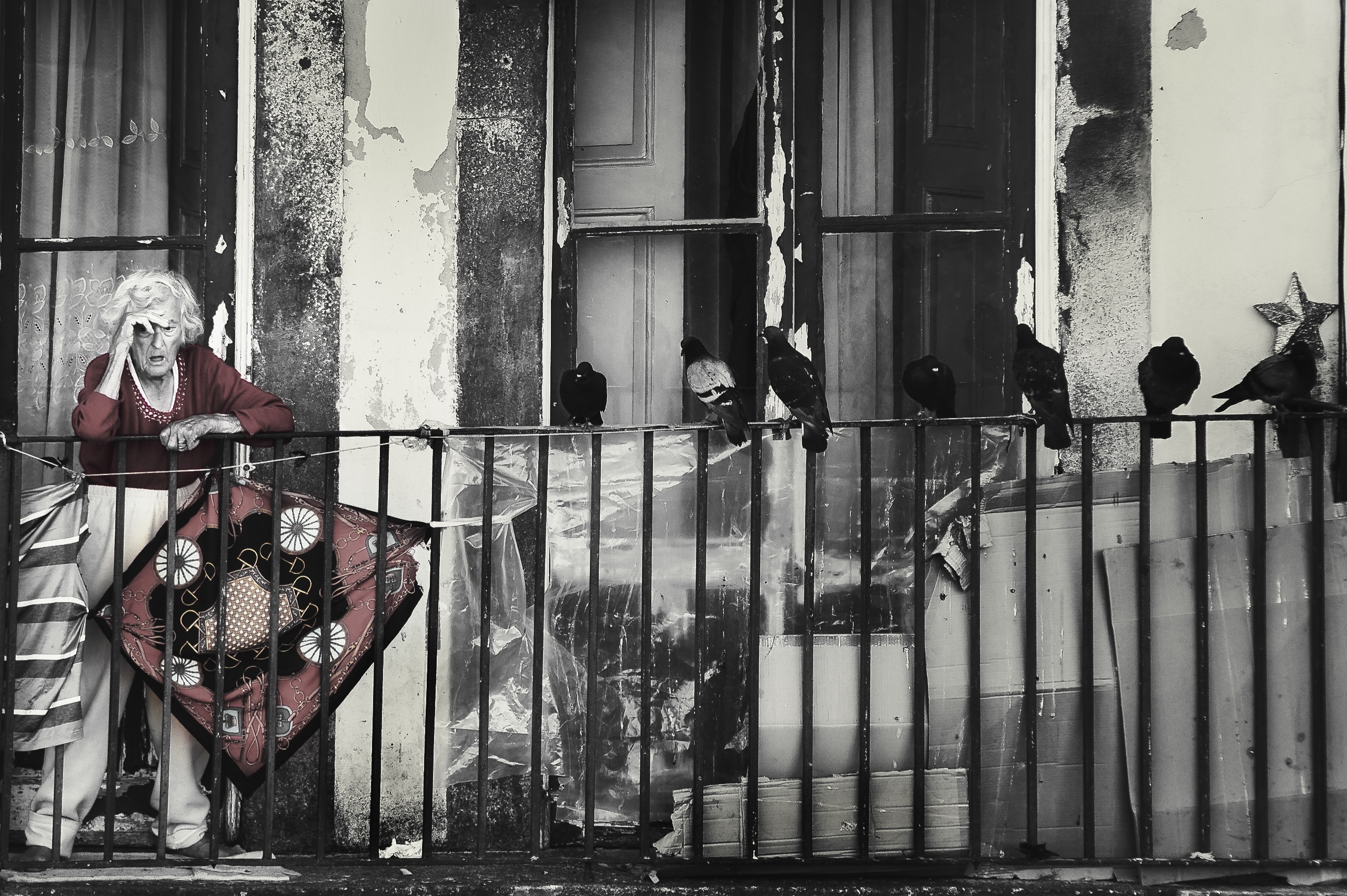 Alte Frau steht jammernd auf Balkon umringt von Tauben (Colorkey)