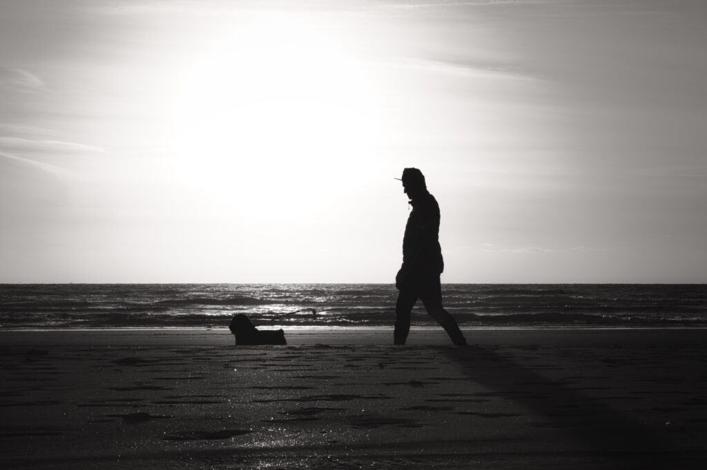 Silhouette von Mann und Hund beim Spaziergang am Strand